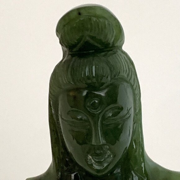 Chinese Nephrite Jade Guanyin 7" Statue w/Stand Hand Carved Deep Green Goddess - Picture 5 of 15